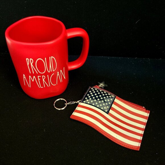 Rae Dunn PROUD AMERICAN Red Coffee Mug & ROLFS Leather US Flag Coin Purse - Picture 1 of 13